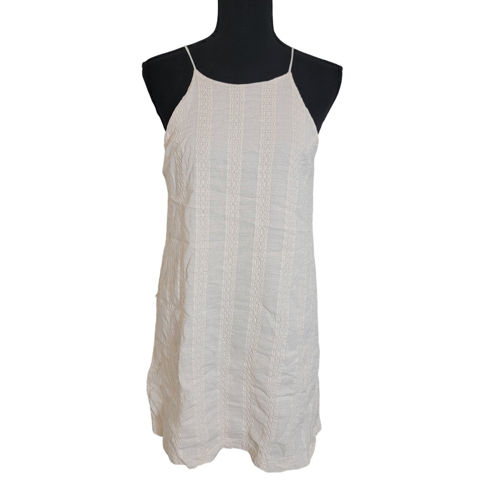 Lush Cream Lace Stripe Mini Dress Medium Lace Up Back Summer Eyelet Resort Beach
